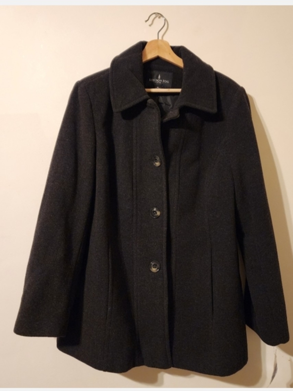 London Fog Black Wool Blend Peacoat with Button Closure